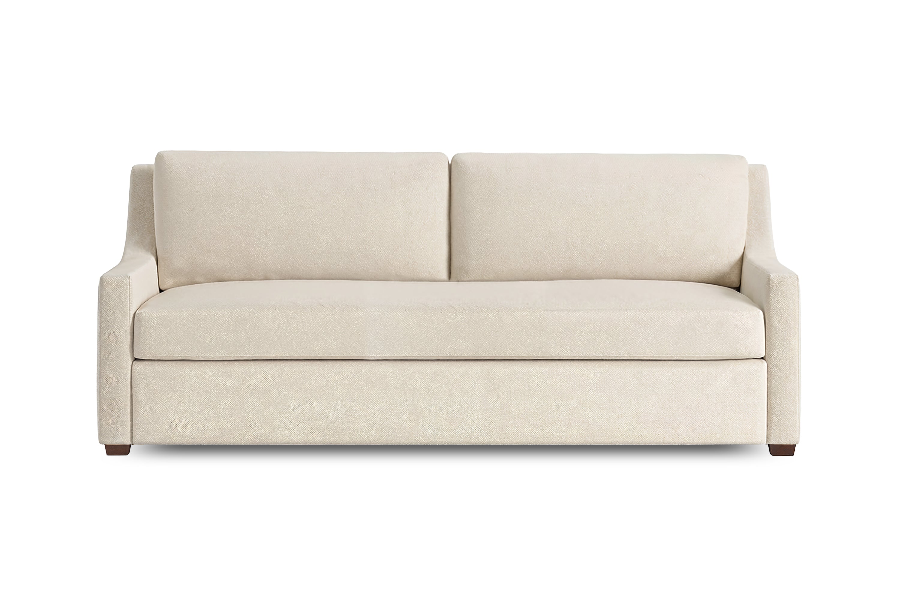 A modern queen sofa with single bench seat cushion and 2 back cushions in a light beige textured fabric, shown from a straight-on front angle against a plain white background.