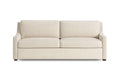 A modern two-seater loveseat sofa upholstered in a textured cream-beige fabric, shown from a straight-on front angle against a solid white background.