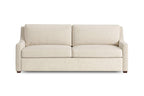 A modern two-seater loveseat sofa upholstered in a textured cream-beige fabric, shown from a straight-on front angle against a solid white background.